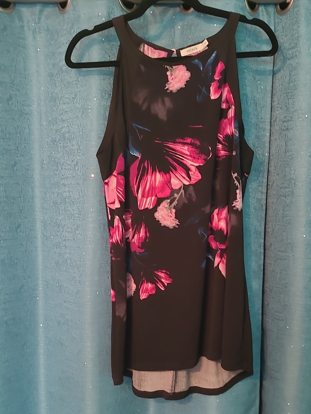 Ricki's Black High-Low Floral Top with Pink & Blue Blooms